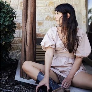 Free People Evie Set Rose Pearl Puff Sleeve Shorts Pink - size large